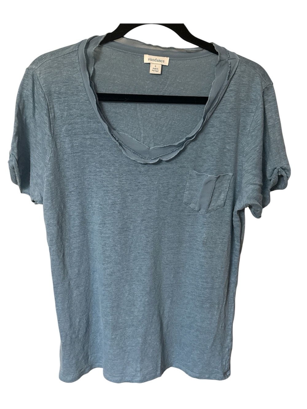 Sundance Linen Raw Elegance Women’s Tee Shirt Blue Boho Coastal Layering Large